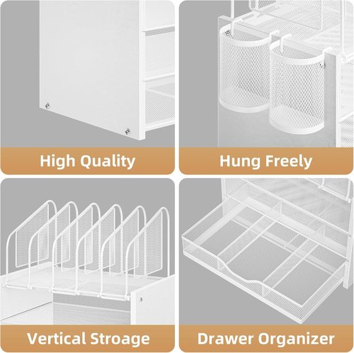 Marbrasse Desk Organizer - 4-Tier Wooden File Holder with Drawer & 5 Vertical Slots | White Home Office Accessory