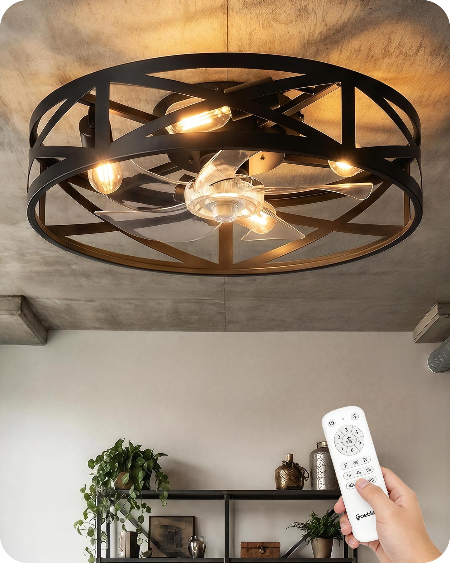 20" Farmhouse Flush Mount Ceiling Fan with Lights and Remote, Low Profile Caged Ceiling Fan Fandelier, 6 Speeds, Timer, Reversible DC Motor, Bladeless Ceiling Fan for Bedroom, Kitchen, Black B02CF05