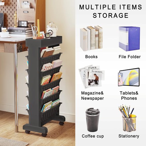 YEMUNY 6 Tier Rolling Utility Cart Multi-Functional Movable Storage Book Shelves with Lockable Casters for Study Office Classroom, Black
