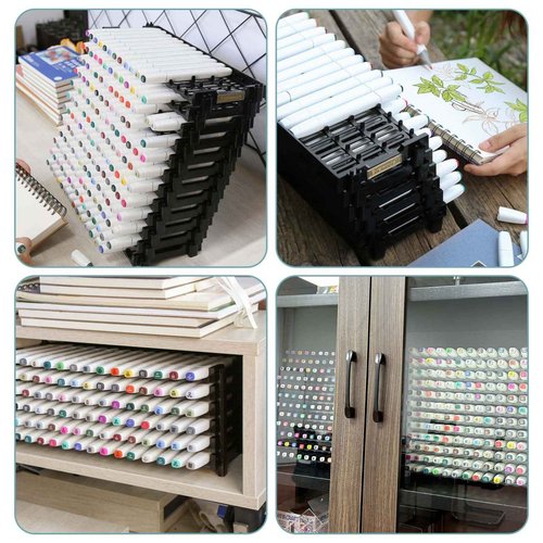 12 Layers Universal Marker Storage Trays, Penholder Display for 180 Pens SN01 Pencil Organizer Holder for Desk (Black-12 layers)
