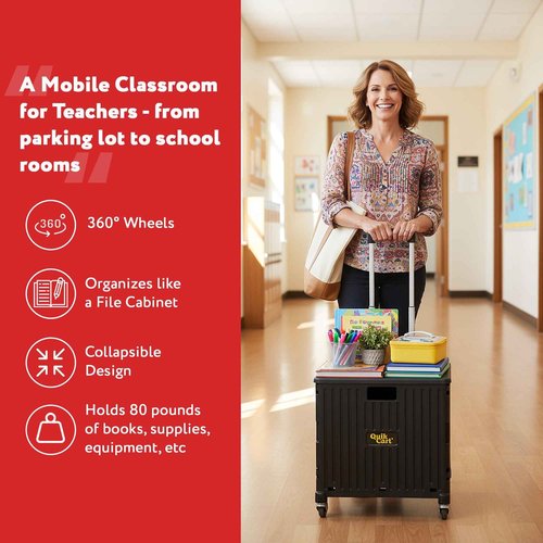 dbest products Quik Cart 360 Rolling Crate with Wheels - Collapsible Utility Cart for Teachers & Home - Heavy Duty Folding Cart with Seat - 80 lb Capacity - Black