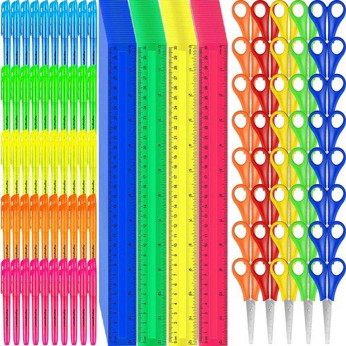 300 Pcs Back to School Supplies Kit, Include 100 Pcs 12 Inch Plastic Rulers 100 Pcs Assorted Colors Highlighters 100 Pcs Student Scissors for Kids Classroom Charity Donation Supplies (300)