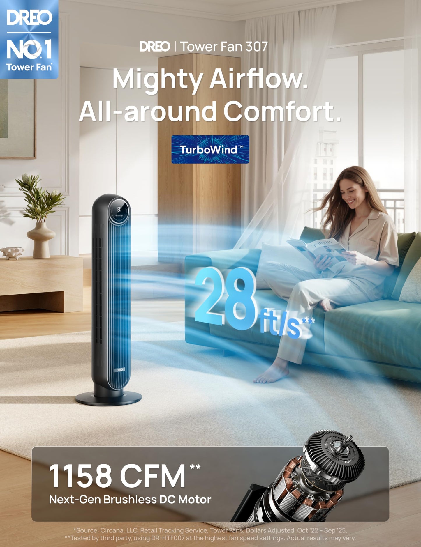 DREO Tower Fan for Bedroom, 2026 Upgraded DC Motor, 28ft/s High Velocity, 20dB Ultra Quiet Standing Fan, 8 Speeds 4 Modes, 90° Oscillating Bladeless Fan for Indoors, Floor Fans with Remote, Black