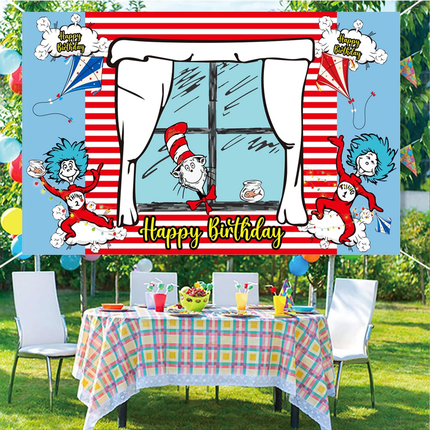 Happy Birthday Backdrop Banner 70.8X43.3 inches, Red and Blue Stripes Cartoon Window Kite Photography Background for Cat in The Hat Birthday Decoration