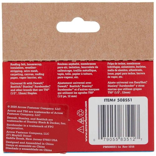 Arrow Fastener 508SS1 Genuine T50 1/2-Inch Stainless Staples, 3 Pack of 1000