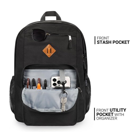 ZORFIN 26L Black Backpack for School, College, and Travel: Water Resistant Bookbag with 8 Compartments