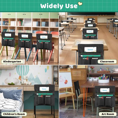 Toriexon 12 Pack Chair Pockets for Classrooms, 13 x 14 inch Seat Sacks for Classroom Chairs k-2 with Name Slot, Small Chair Pockets for Kindergarten, School, Home Seating Storage (Black)