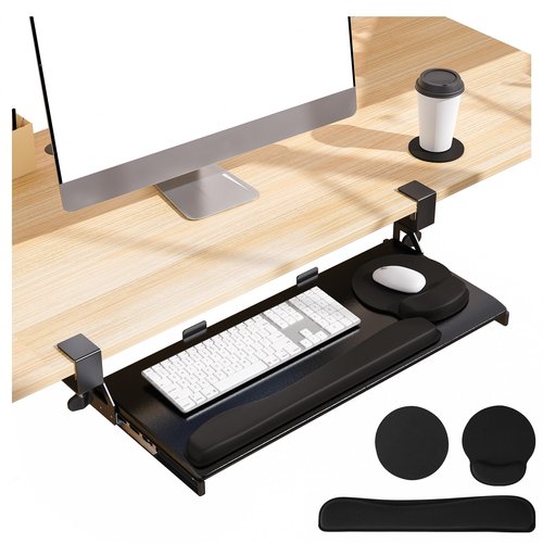 TEXENDO Keyboard Tray, 25 in. Pine Plastic, Keyboard tray Under Desk with Wrist Rest, Mouse Pad, Cup Mat, Lightweight Slide Out Tray, Easy Assemble Adjustable C clamp