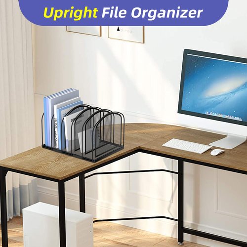 SUPEASY 5-Section File Organizer, Mesh Desk Organizer Upright File Holder Desktop Organizer File Sorter, File Folder Holder for Office Home, Large Capacity Black 2 Pack