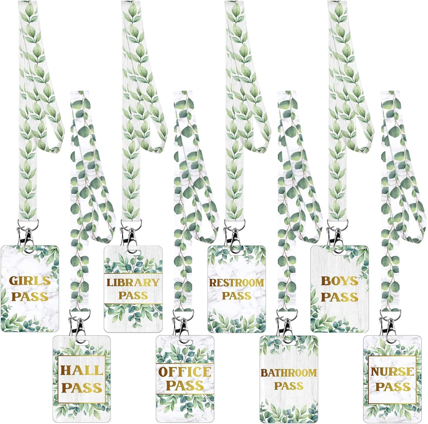 Teling Hall Pass Lanyards Set - Unbreakable PVC Passes for School & Office | Eucalyptus Design
