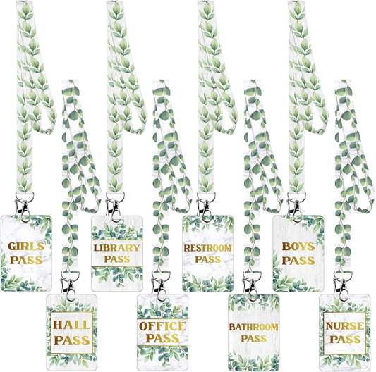 Teling Hall Pass Lanyards Set - Unbreakable PVC Passes for School & Office | Eucalyptus Design