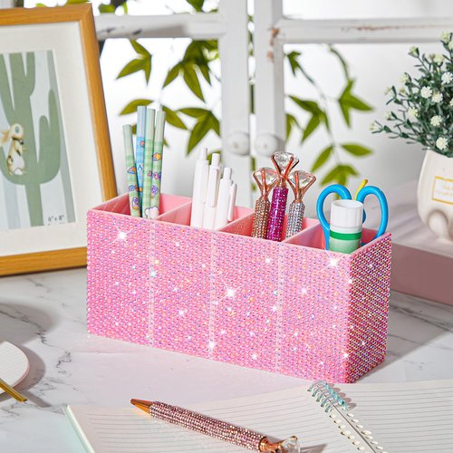 Resholder Bling Desk Organizer for Women, Rhinestone Pen Makeup Brush Holder, Girly Desk Accessories Organizer, Office, Classroom, Back to School, Elevate Your Workspace with Serenity