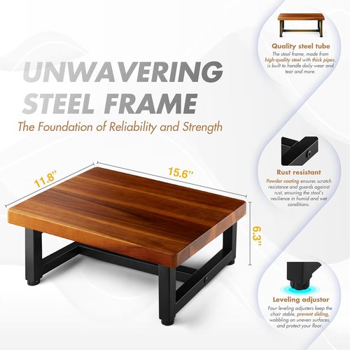 FANATU Heavy-Duty Wooden Step Stool - Supports 500lbs for Kitchen, Bathroom & Bedside Use | Acacia Wood