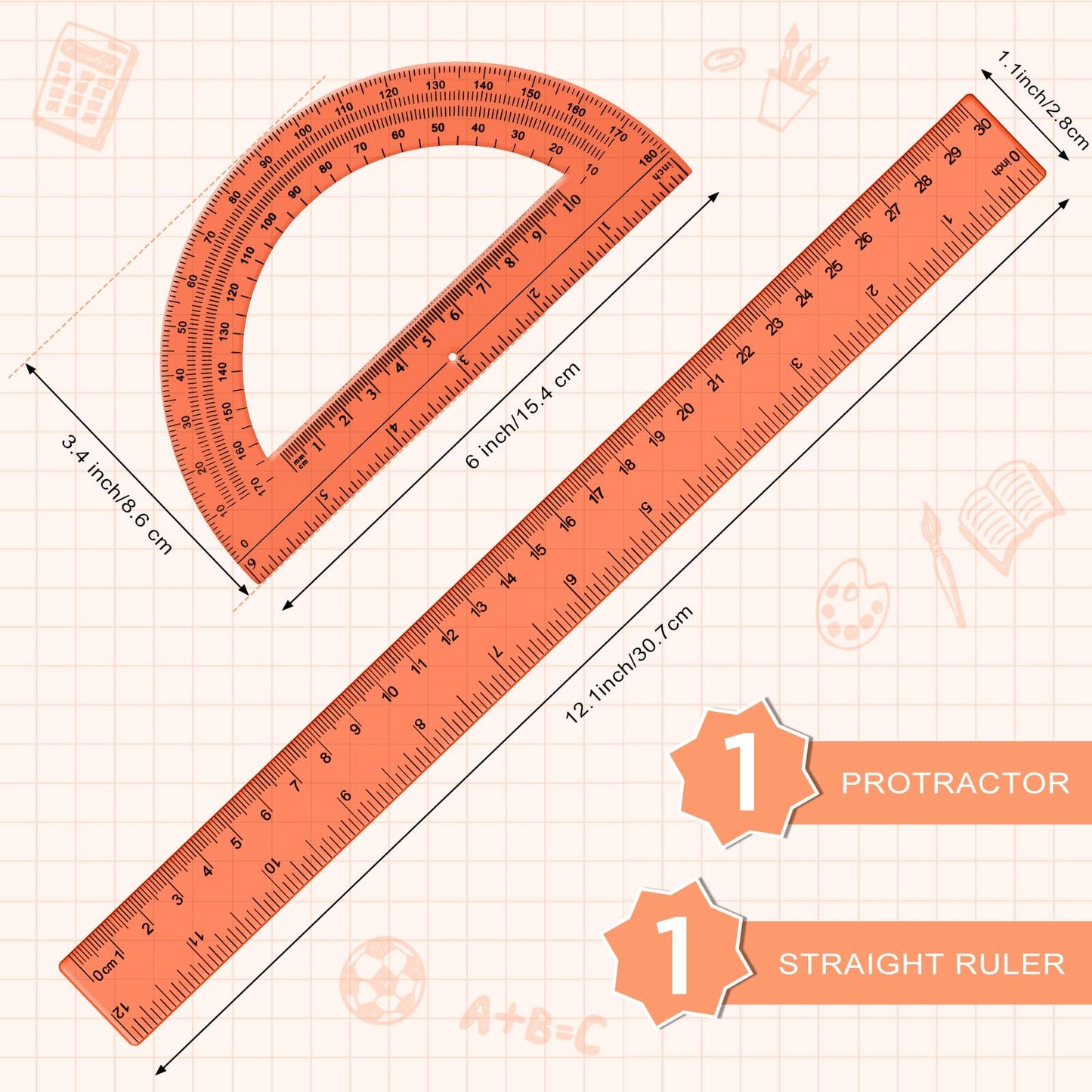 Zonon 2 Pcs 12 Inch Clear Ruler and 6 Inch Plastic Protractor Set, Dual Scale Inch/Cm Math Geometry Measuring Tools for Back to School Students Teachers Classroom Office Drafting Use(Orange)