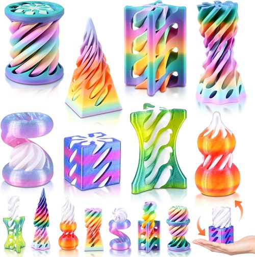 Skiennix 3D Printed Fidget Toys - Rainbow Gradient Spiral Cone & Gear Set | 8-Pack Sensory Stress Relief Gifts