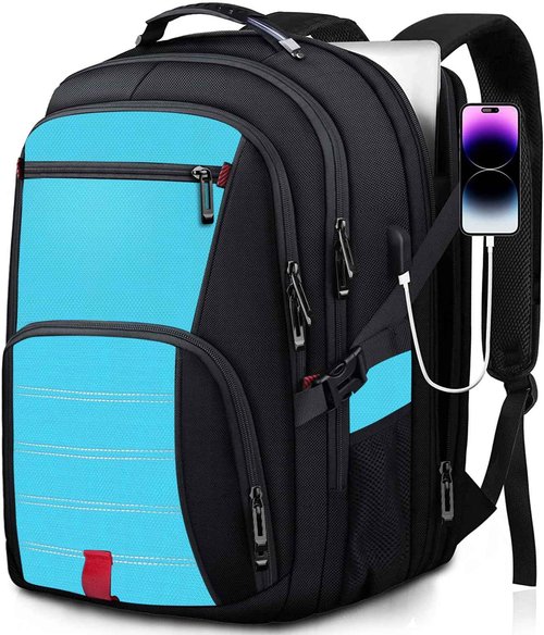 Extra Large Backpack, Travel Backpack, Sturdy TSA Water Resistant 17.3 Inch Carry on Backpacks with USB Port, Anti Theft Business Computer Backpacks Gifts for Men Women, Lake Blue