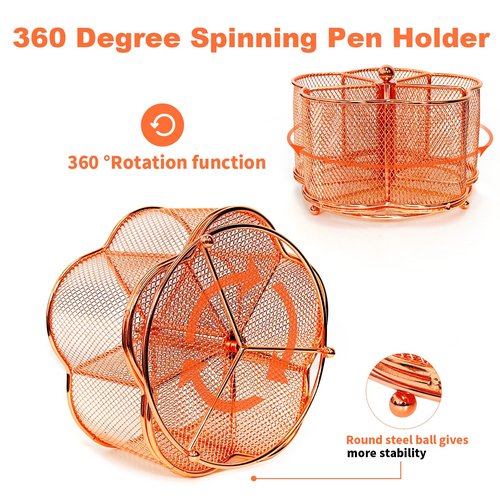 PNEUICALLY 360 Degree Rotate Pen Holder for Desk Mesh Desk Pen Organizer Pencil Holder Large Capacity Accessories & Workspace Organizers for School,Home (Rose Gold, No hook)