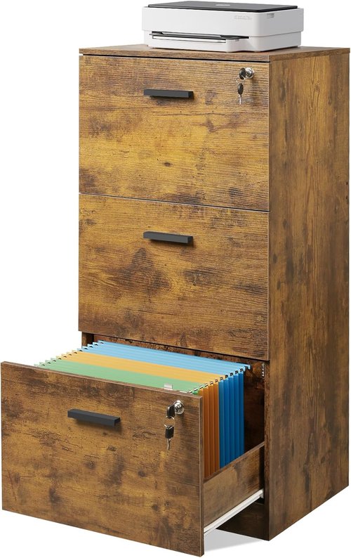 DEVAISE 3-Drawer File Cabinet - Lockable Vertical Wood Filing Cabinet for Home Office, Rustic Brown