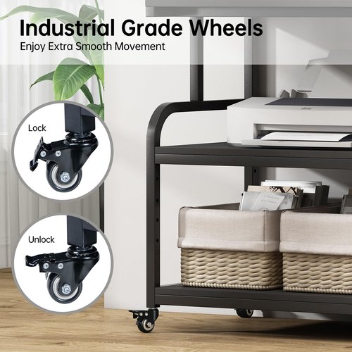 Fannova 32.3" x 18.9" Extra Large Printer Stand Table with Adjustable Storage Shelf, 3 Tier Rolling Printer Cart with Industrial Wheels for Home Office, Black