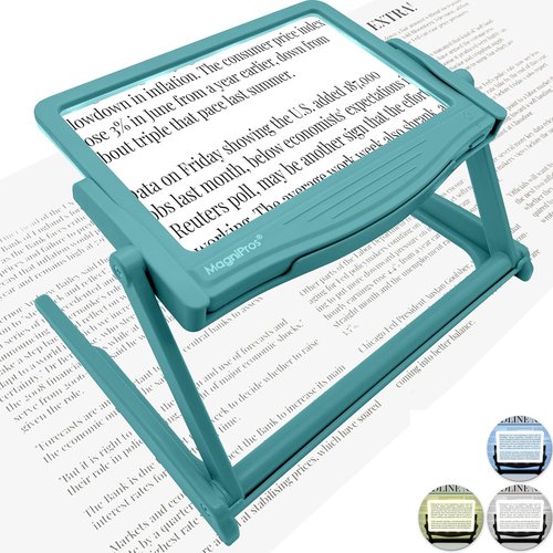 MAGNIPROS 5X LED Full Page Magnifying Glass - Hands-Free Stand & 3 Color Light Modes for Easy Reading & Crafting