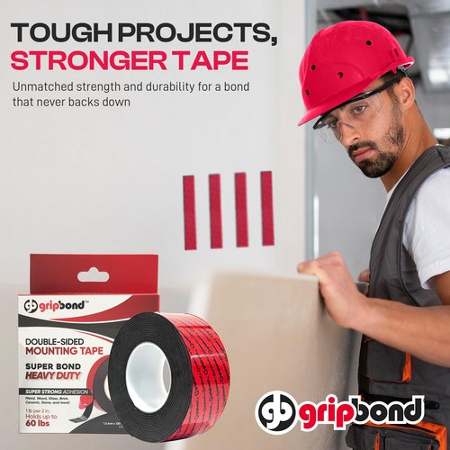 GripBond Black Super Bond Heavy Duty Double Sided Tape, 4 Rolls (18.3 Ft), 1.2” x 220” – Waterproof Adhesive Mounting Tape for Indoor/Outdoor, Walls, Automotive, Car, LED Strip Lights, Home, Office