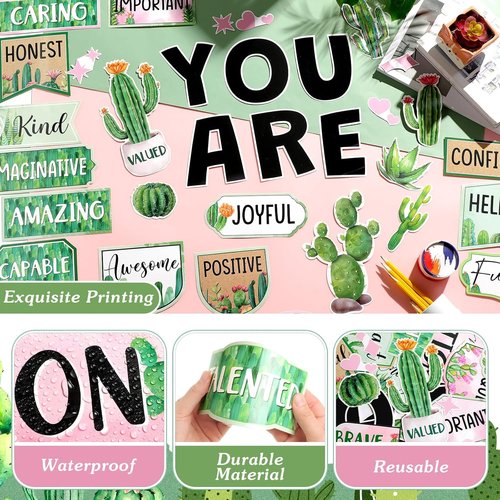 Skiennix 45-Piece Cactus Affirmation Station Set - Motivational Posters & Cutouts for Classroom Decor