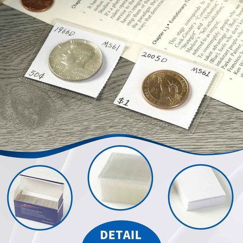 Boen 1200 Pieces 2x2 Double Pocket Coin Flip Clear Safe Long Term Storage Coin Sleeves Coin Collection Holder with Inserts