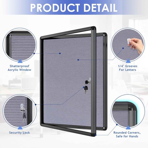 S SWANCROWN Enclosed Bulletin Board with Locking Door 26x20 in, Lockable Felt Letter Board Sign Tamperproof Message Board for Office School Home, Black Aluminum Frame, Grey