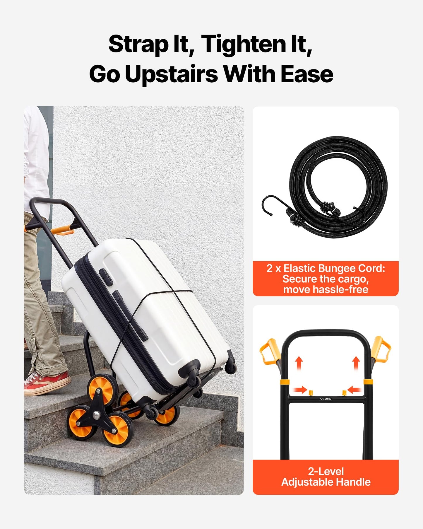 VEVOR Stair Climbing Cart, 770 lbs Stair-Climbing Capacity, Heavy-Duty Folding Trolley Cart with Telescoping Handle, 6 Wheels and 2 Bungee Cords, Stair Climber Dolly for Home, Groceries, Warehouse