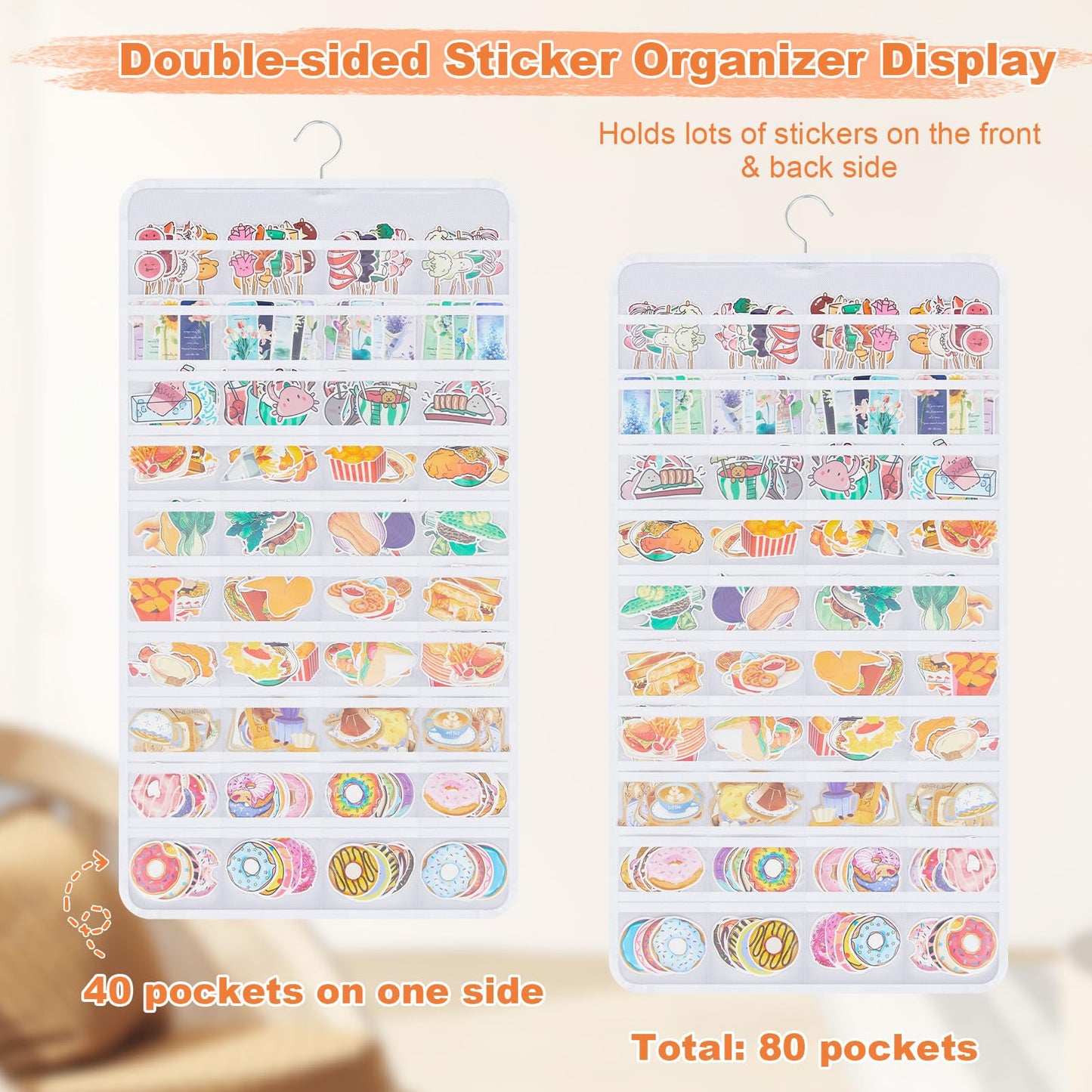 Faccito 1 Pcs White Hanging Sticker Display Organizer, Double-sided 80 Pocket for 4'' Large Stickers Storage, Portable Wall-hanging Decal Chart Holder for Vendors Collectors Trade Shows