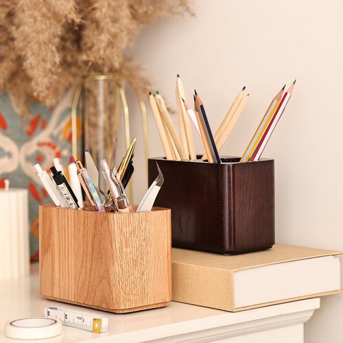 CAMLOT Oak Solid Wood Pen &Pencil Holder for Desk, Office Stationery Organizer, Table Pencil Cup Stand,Desk Accessories Holder, Two Cups Practical Design. (Espresso)