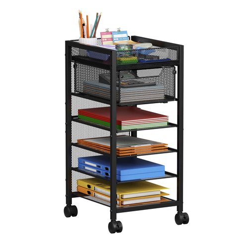 keomaisyto Under Desk Storage Slim File Cabinet, 6-Tier Rolling File Cart with Paper Letter Tray & Drawer, Standing Paper Organizer with Wheels, Narrow Desk Organization for Home Office Workspace