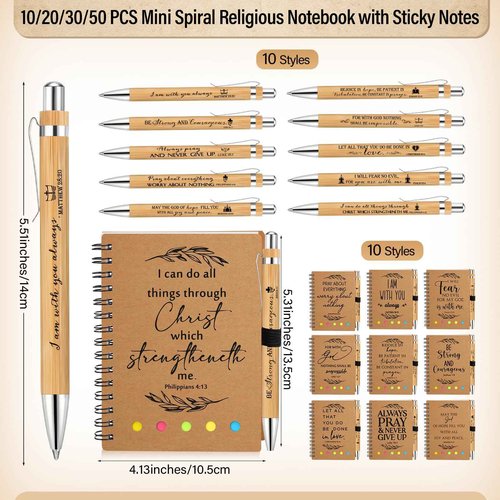 Spakon 50 Set Christian Gifts Bulk Church Gifts Religious Notebook Spiral Bible Verse Bamboo Pens Mini Bible Study Journal for Sunday School Employee Coworker Men Women (Brown)