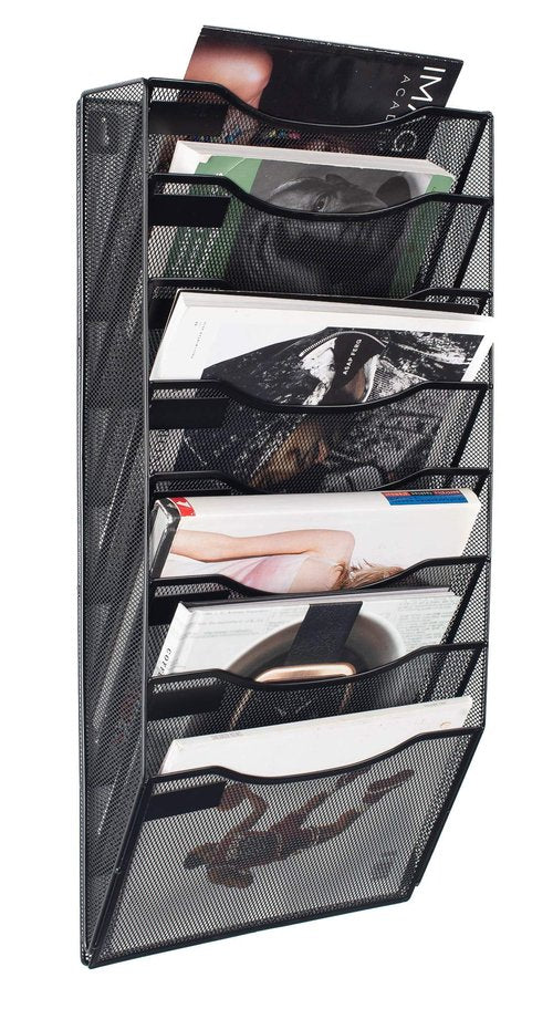 Klickpick Office 8 Section Hanging Files Wall Mounted Metal Mesh Document Organizer Magazine Holder Rack Multipurpose Use to Display Files, Magazines, Newspapers - Black
