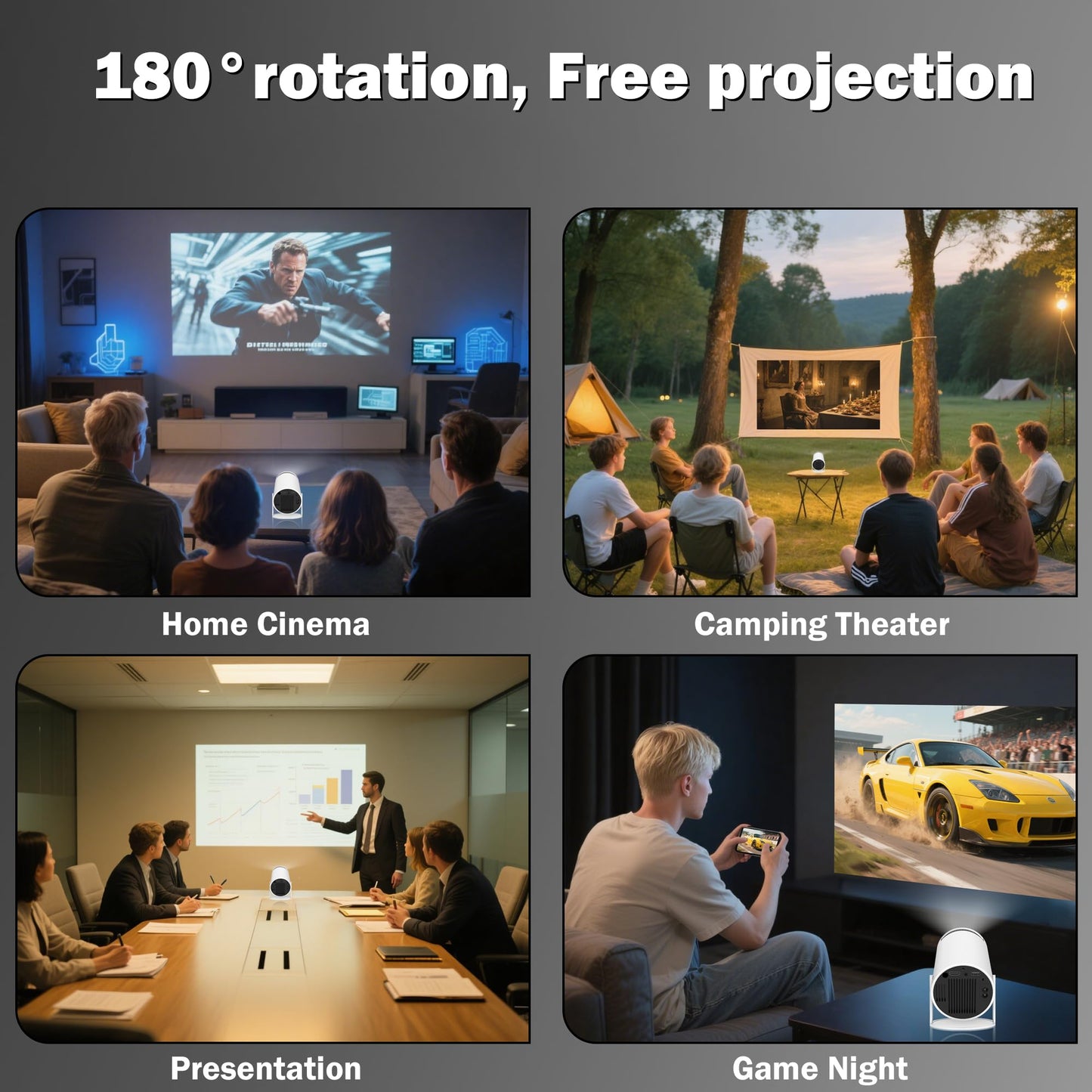 Portable Projector with WiFi and Bluetooth, Mini Projector Support 1080P, 180° Rotatable, Compatible with HDMI/USB/PC for Bedroom, Kids Room, Home Movie Nights