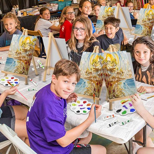 121 Pcs Art Painting Kit Supplies Set for Kids to Party - 60 Paint Brushes, 24 Acrylic Paints, 6 Wood Easels & Canvas Panels & Palettes & Aprons & Wash Pen Cup, 1 Plastic Tablecloth