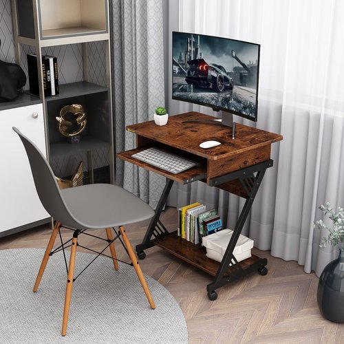 ALISENED Computer Desk for Small Spaces,23.6" Z-Shaped Compact Study Table with Smooth Keyboard Tray,with Wheels and Bottom Shelves for Home Office，Computer Cart Mobile Laptop Cart