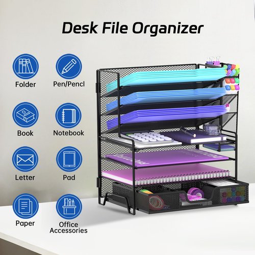 7 Tier Desk File Organizer, Letter Tray Paper Organizer with Pen Holder & Drawers for Office Home, Metal Desktop Organizers and Accessories for Study and Workspace，Black