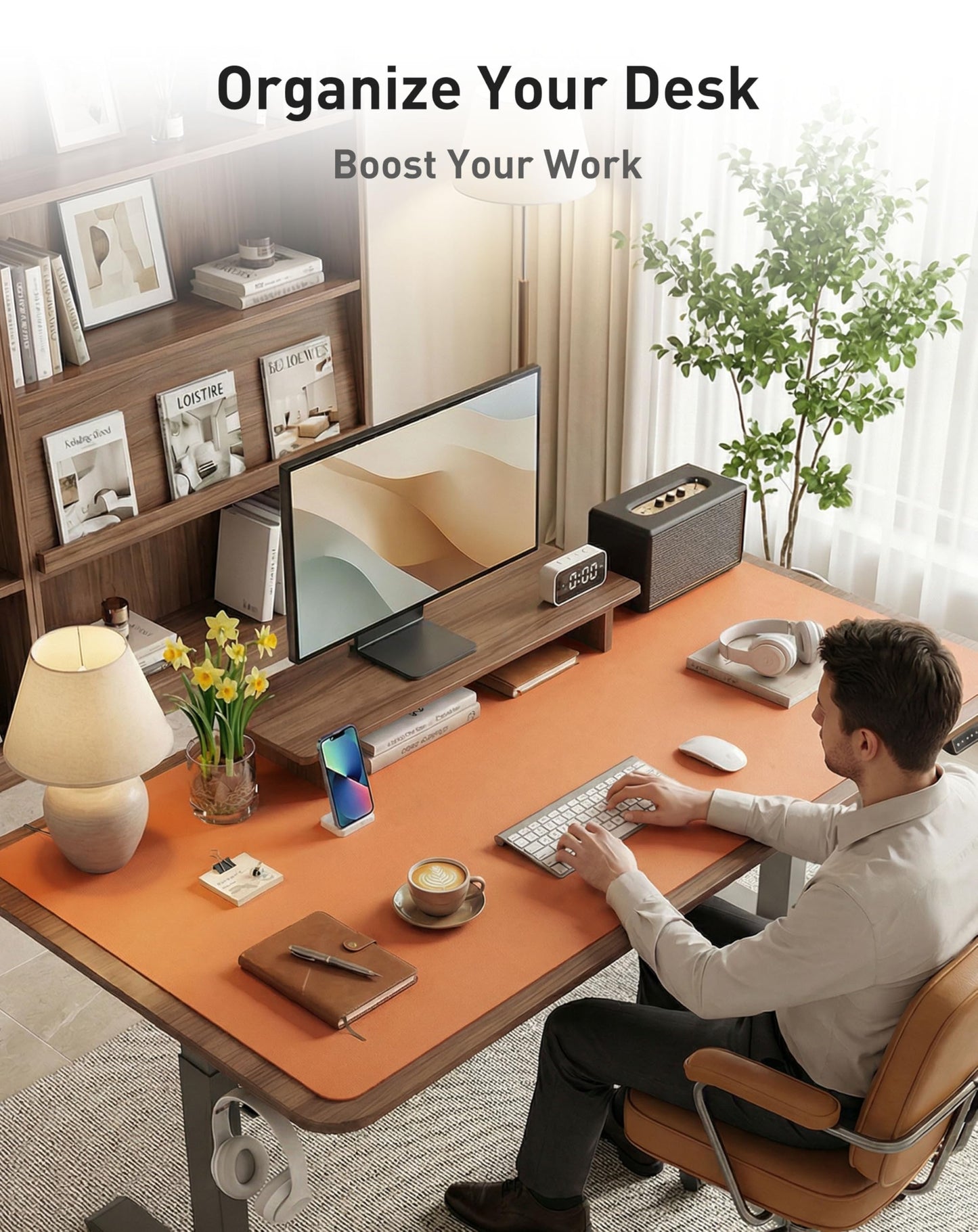 Aothia Faux Leather Desk Mat - Large Mouse Pad, Non-Slip PU Leather Blotter, Waterproof Writing Surface for Office and Home (Hermes Orange, 42" x 17")
