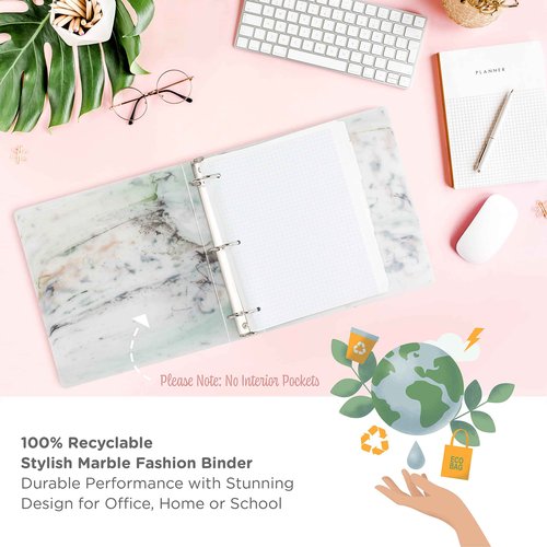 Carstens Limited Edition 1.5-Inch Green Marble Heavy Duty 3-Ring Binder – Side Opening, Waterproof, Durable Plastic, No-Gap Rings, Holds 250 Sheets, BPA-Free, Made in USA (2053-3R)