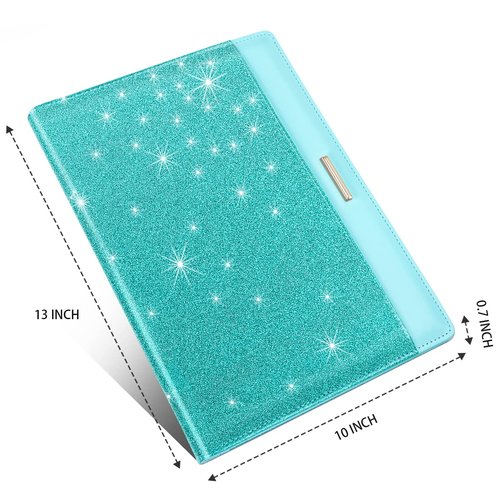 Glitter Padfolio/Resume Portfolio Folder for Women Men, WAVEYU Cute Chic Padfolio Cover Folder, Conference/Legal Document Organizer with Letter/A4 Size Clipboard, Document Sleeve, Teal