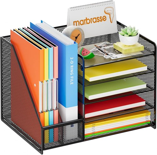 Marbrasse Desk Organizer - 5-Tier Mesh Letter Tray with File Holder & Magazine Storage | Black