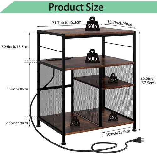 TQVAI Large Printer Stand, 4-Tier Adjustable Height Home Office Printer Table with Power Outlet Charging Station, Wood Stand Desk for Heat Press Scanner Fax, Black/Antique