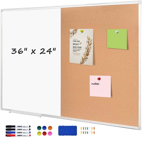 Cork Bulletin Board, 36 X 24 Inches White Magnetic Dry Erase Board, Large Wall Mounted Message Vision Notice Memo Pin Board for Office, Home and School