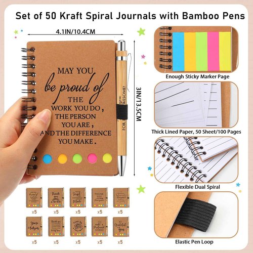 Honoson 50 Set Christmas Employee Appreciation Gift Bulk Thanksgiving Inspirational Notebook with Sticky Note and Motivational Bamboo Ballpoint Pen for Team Staff Cowerker Volunteer Must Have Office