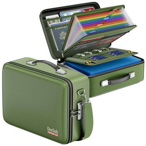 DocSafe Fireproof Document Box with Lock, Hard Case File Organizer with Accordion File Folder, Fireproof Water Resistant Safe Box Home Office Travel Storage for Important Documents Laptop Green