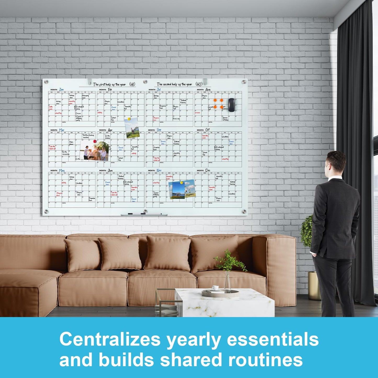 Large Glass Dry Ease Calendar for Wall, 72 x 48 Inches Magnetic Glass Yearly Calendar Whiteboard, 6' x 4' Frameless Planner Board for Office, Home, School