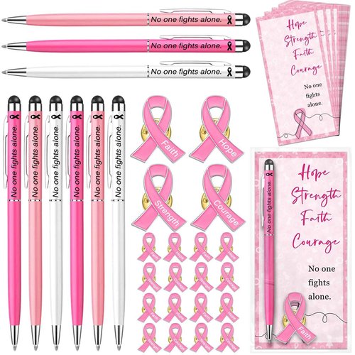 Janlaugh 72 Sets Breast Cancer Awareness Accessories 2 in 1 Pen with Stylus Tip Pink Ribbon Pin Breast Cancer Awareness Bulk Items Survivor Gifts Hope Cards Gift Bags Pink Ribbon Accessories