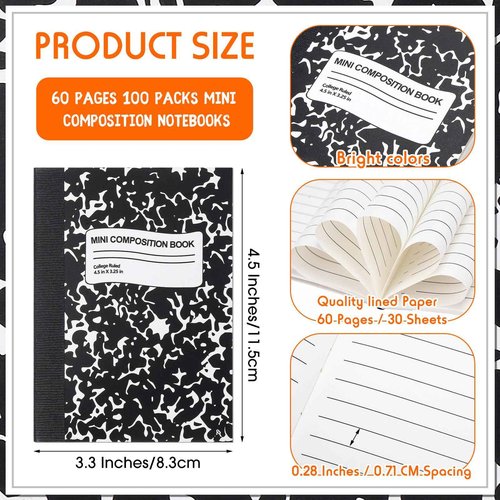 Fainne 100 Pack Mini Composition Notebook Bulk 4.5" x 3.3" Pocket Composition Books Small Narrow Ruled Compositions Note Pad Marble Journal Books for Students School College Office 60 Pages(Black)