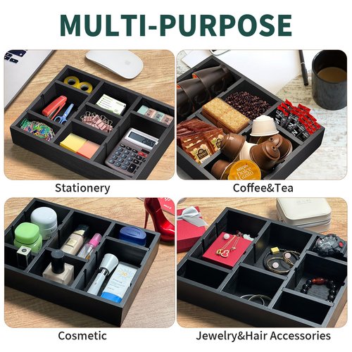 TEESSFROOD Desk Drawer Organizer Tray with 9 Adjustable Compartments, Wooden Office Desk Accessories Supplies Organization Storage for Desktop Bathroom Vanity Makeup Black